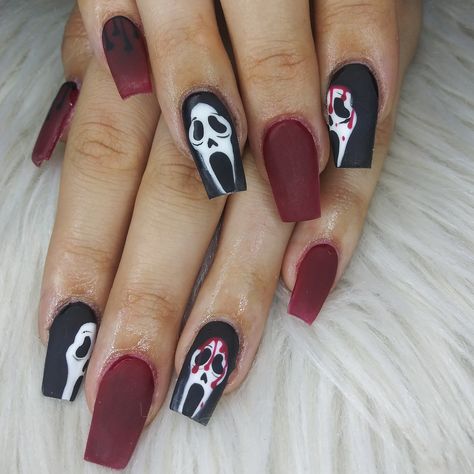 Ghostface Nails Acrylic, Scream Nails Acrylic, Halloween Scream Nails, Nails Acrylic Simple, Nails Acrylic Red, Ghostface Nails, Nail Inspired, Scream Nails, Ghost Face