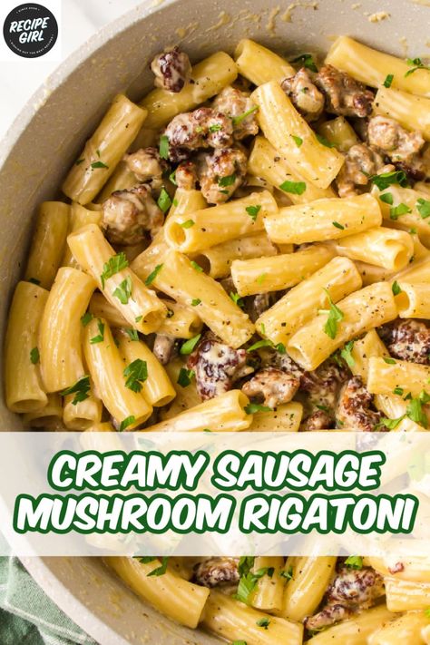 Creamy Sausage Mushroom Pasta recipe from RecipeGirl.com #creamy #sausage #mushroom #rigatoni #pasta #recipe #RecipeGirl Creamy Sausage Mushroom Rigatoni, Yum Makers Recipes Pasta, Sausage Mushroom Pasta Recipes, Creamy Mushroom Sausage Pasta, Italian Sausage Mushroom Pasta, Sausage Rigatoni Pasta, Sausage Mushroom Pasta, Sausage And Mushroom Pasta, Mushroom Rigatoni