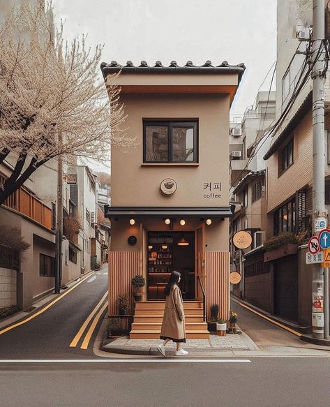 Japanese Cafe Design Coffee Shop, Seoul Cafe Design, South Korea Moodboard, Japanese Inspired House Exterior, Storefront Photography, Small Shop Ideas, South Korea Cafe, Korea Building, Cafe Environment