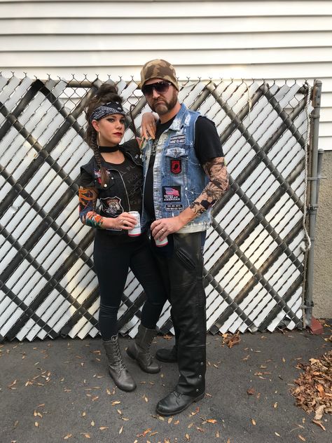 Biker Motorcycle Gang Couples Halloween Costume Womens Biker Halloween Costume, Bikers Costume Halloween, Biker Costume Spirit Week, Biker Dude Halloween Costume, Bikers Couple Costume, Rock N Roll Couples Costume, Motorcycle Gang Costume, Motorcycle Halloween Costumes, Biker Couple Halloween Costume