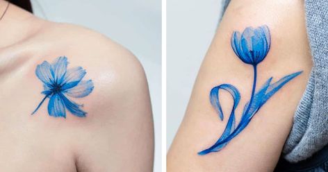 Small Blue Tattoo, Dark Blue Tattoo, Indigo Tattoo, Blue Ink Tattoo, South Korean Tattoo, Uv Ink Tattoos, Blue Ink Tattoos, Korean Tattoo, Blue Spring Flowers