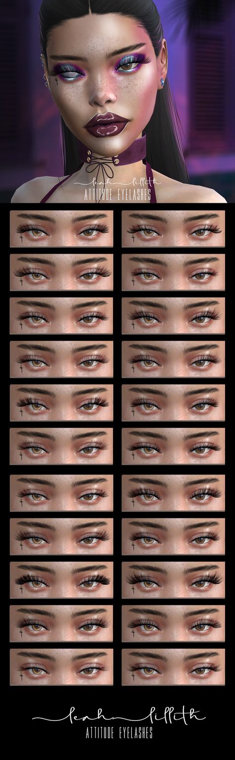 Attitude Eyelashes | LeahLillith on Patreon Sims 4 Eyelashes, Sims 4 Black Hair, Sims 4 Cas Mods, The Sims 4 Skin, Makeup Cc, Play Sims 4, Free Sims 4, Sims 4 Cc Makeup, Sims 4 Body Mods