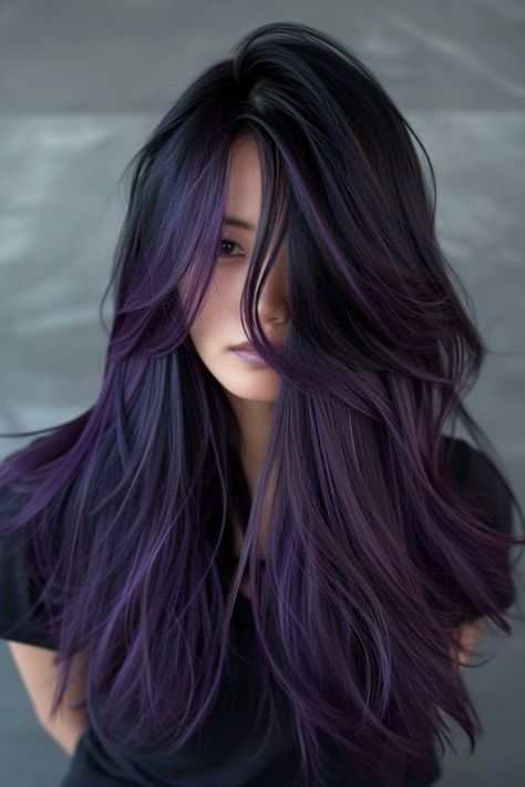 Black To Violet Ombre Hair, Subtle Purple Hair Highlights, Black With Dark Purple Highlights, Long Black And Purple Hair, Dark Colour Hair Ideas, Light Purple Balayage Brunettes, Purple Balyage Long Hair Brunettes, Balayage Hair Lavender, Purple And Brown Hair Ideas