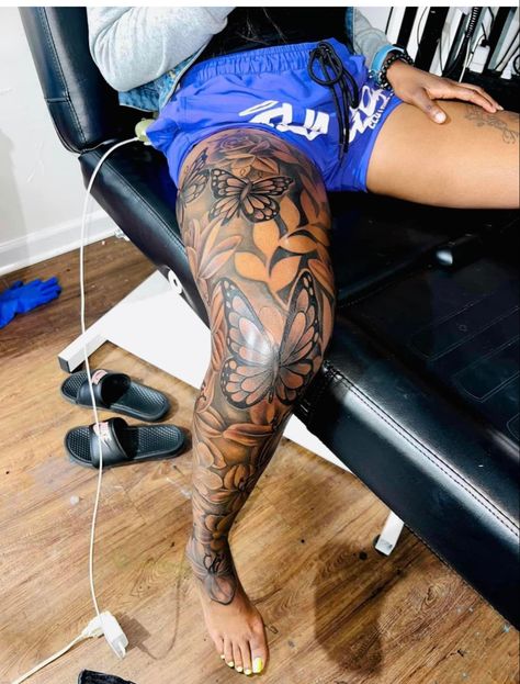 Cute Front Thigh Tattoos Black Women, Hip Tattoos Women Thigh Elephant, Full Right Leg Tattoo, Full Sleeve Tattoos With Meaning, Roses Leg Sleeve Tattoo, Thigh And Leg Tattoo, Cover Up Tattoo Black Women, Baddie Leg Sleeve Tattoo, Leg Sleeve Tattoo Black Women