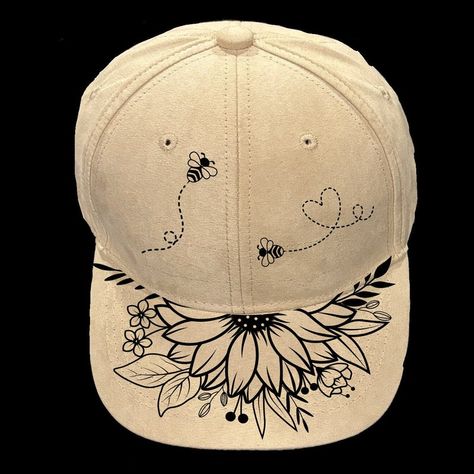 Sunflower Baseball Hat Burning Design, Ball Cap Burning Pattern, Traceable Pyrography Template, Summer Flowers and Bees, Digital Download - Etsy Cricut Cap Ideas, Burning On Hats, Wood Burned Hats, Hat Burning Ideas, Decorated Hats, Doodle Shoes, Burned Hats, Cricut Gifts, Cowboy Hat Design