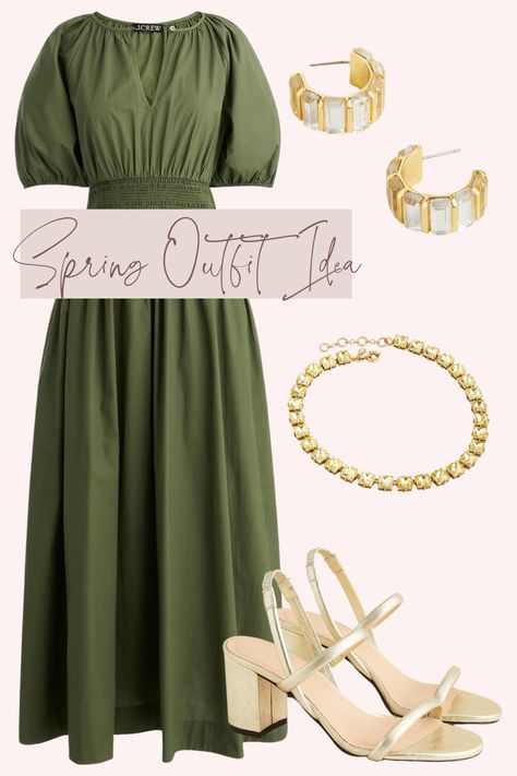 Green dress, casual wedding, bridal shower Olive Dress Wedding, Green Wedding Guest Dresses, Olive Green Weddings, Outdoor Garden Wedding, Spring Outfit Idea, Accessories For Wedding, Olive Dress, Olive Green Dresses, Wedding Look