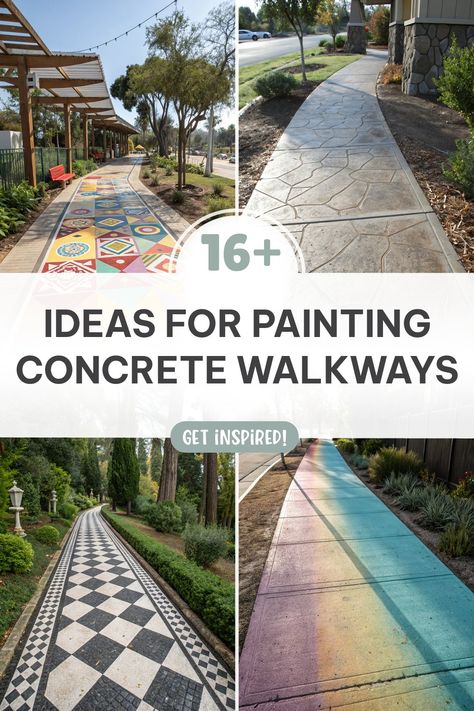 Click for More ➡️ | Save for Later ❤️ | Ideas for Painting Concrete Walkways: Explore patterns, textures, and colors to refresh your paths. Painting Sidewalk Concrete, Painted Concrete Walkway Ideas, Paint Walkway Concrete, Update Concrete Walkway, Painted Concrete Walkway, Sidewalk Painting Ideas, Sidewalk Makeover, Exterior Concrete Paint, Brick Driveway