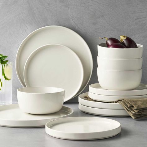 Member's Mark 12-Piece Modern Stoneware Dinnerware Set (Assorted Colors) - Sam's Club Dinnerware Sets Aesthetic, Modern Kitchen Plates, Matching Plates And Bowls, Modern Farmhouse Dinnerware Sets, Dishwear Sets Dinnerware, Aesthetic Kitchen Utensils, White Dishes Table Setting, Dishes Sets Modern, Dinnerware Aesthetic