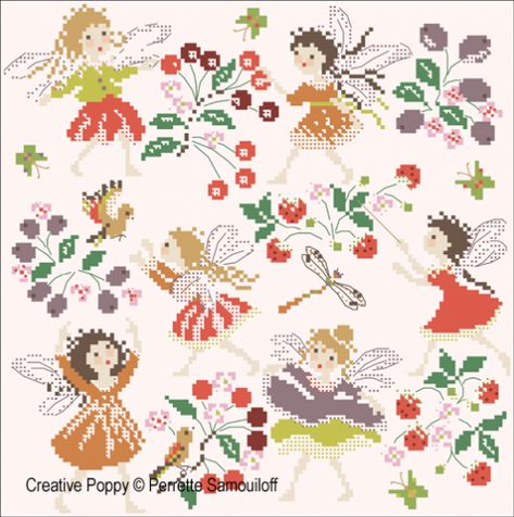 Perrette Samouiloff - Garden fairies (cross stitch pattern chart) Tiny Frames, Strawberries And Flowers, Transparent Wings, Light Dresses, Stitch Easter, Garden Fairies, Pretty Little Dress, Cross Stitch Fairy, Cross Stitch For Kids