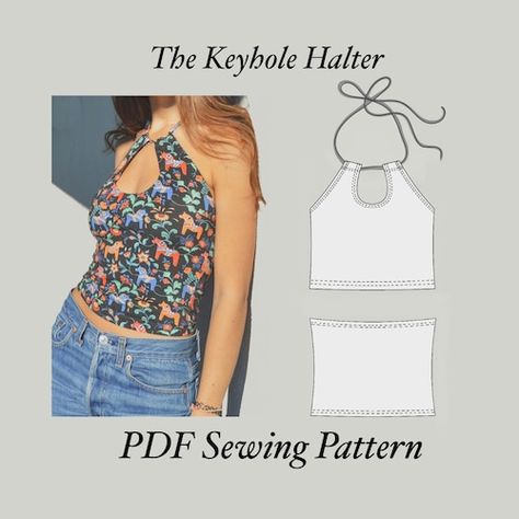 Halter Top Sewing, Sewing Top Pattern, Halter Top Sewing Pattern, Diy Halter Top, Top Pattern Sewing, Flare Dress Pattern, Crop Top Sewing Pattern, Halter Top Pattern, Clothing Pattern Design