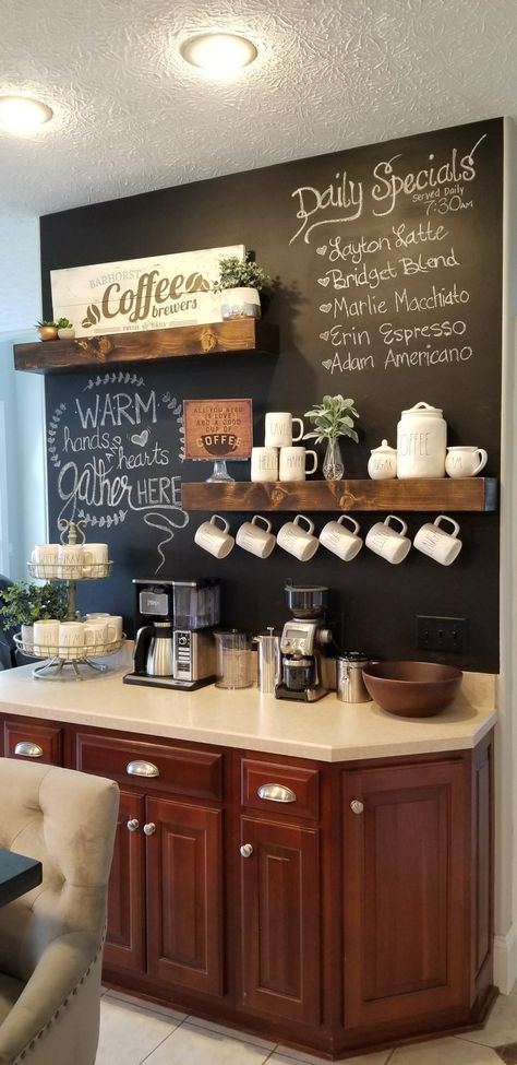 Chalkboard Coffee bar with Rae Dunn Coffee Bar With Chalkboard Wall, Chalkboard Coffee Bar, Coffee Bar Accent Wall Ideas, Church Coffee Bar Ideas, Koffie Corner, Bar Chalkboard Ideas, Bar Chalkboard, Chalkboard Coffee, Coffee Chalkboard