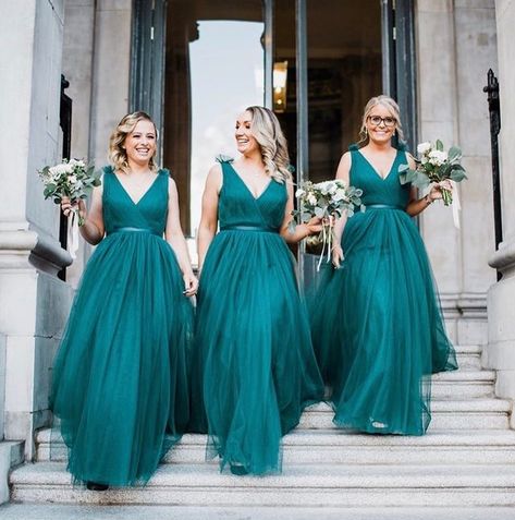 TH&TH Bridesmaids on Instagram: “Gown gang gorgeous __ Elizabeth’s beautiful bridesmaids stepping out in our gorgeous Grace gown in Emerald. __ We are over the moon to…” Dark Teal Bridesmaid Dresses, Tulle Bridesmaid Dresses, Teal Bridesmaid, Teal Bridesmaid Dresses, Tulle Bridesmaid, Dresses Tulle, Green Tulle, Tulle Bridesmaid Dress, Peacock Wedding