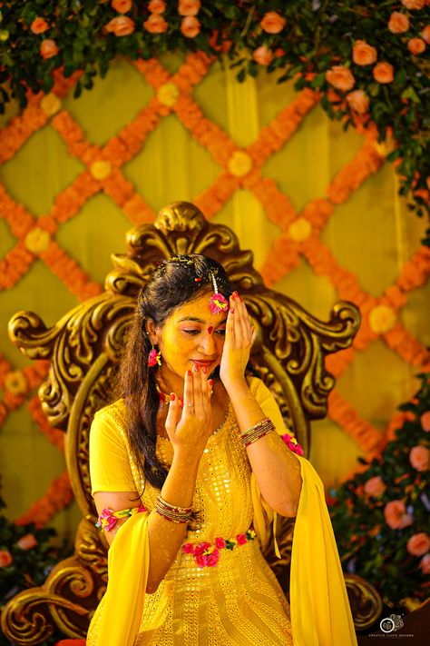 I am here posing for my haldi ceremony Haldi Look Poses, Haldi Ceremony Shoot, Haldi Potrait For Bride, Haldi Ceremony Stills, Bride Haldi Posses, Haldi Bridal Pose, Girl Wedding Photoshooting, Haldi Poses For Bride's Sister, Haldi Photoshoot Ideas For Bride