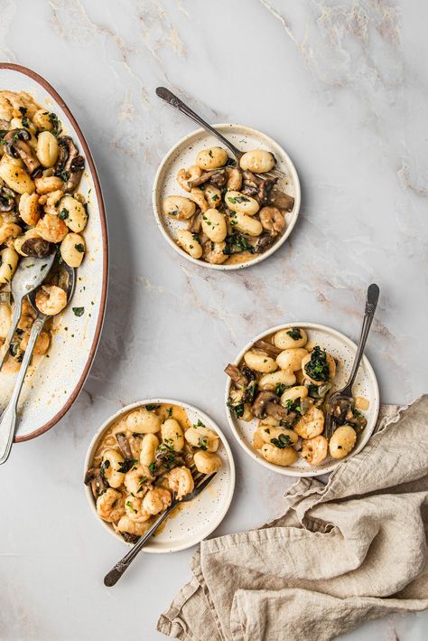 Creamy Coconut Milk Shrimp Gnocchi with Mushroom and Kale Gnocchi Recipes Dairy Free, Shrimp And Gnocchi, Shrimp Gnocchi, Coconut Milk Shrimp, Gnocchi Mushroom, Creamy Gnocchi, How To Cook Gnocchi, Gluten Free Sweet, Pescatarian Recipes