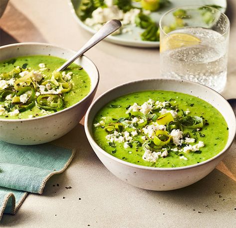 Pea, leek and new potato soup | Asda Good Living Soup Fine Dining, Salad Cheese, Garden Peas, Recipes For The Family, Vegetable Stock Cubes, Family Home Decor, Leek Soup, New Potato, Baby Potatoes