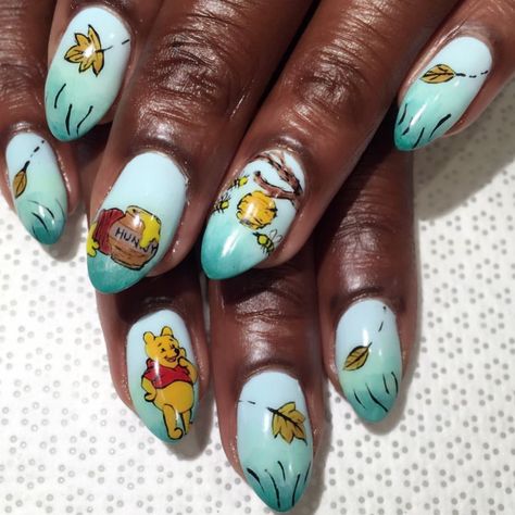 Winnie the Pooh by @polishjoey on Instagram #blue #almond #blackgirlnails #vanityprojects Winnie The Pooh Nails, Pooh Nails, Girl Nails, Girls Nails, Winnie The Pooh, Almond, Nail Designs, Nail Art, Nails