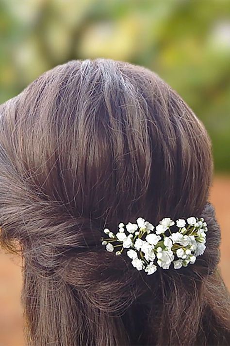 Flower hair comb with white flowers gypsophila (babys breath). Made of foam EVA material. The total length is 3.5'' (9 cm). Every flower detail and the assembly are carefully handmade done. #babysbreath #gypsophila #weddinghair Gypsophila Hair, Floral Hair Piece Wedding, White Flower Hair Clip, White Gypsophila, Flower Hair Clips Wedding, Floral Wedding Hair, Wedding Hair Piece, Flower Comb, Bridal Hair Clip