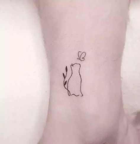 Cat Themed Tattoo Simple, Butterfly Grandma Tattoo, Kitten Memorial Tattoo, Cat Rememberance Tattoo, Lost Pet Tattoo Cats, Cat With Butterfly On Nose Tattoo, Tattoos To Remember Your Cat, Cat Chasing Butterfly Tattoo, Cat With Butterfly Tattoo