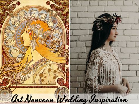 Boho Art Nouveau Wedding Style | Mucha Inspired Wedding Art Nouveau Wedding Dress, Art Nouveau Dress, Art Nouveau Wedding, Nouveau Wedding, Art Nouveau Weddings, Wedding Styled Shoot, Floral Blanket, Workshop Ideas, Pastel Colour Palette