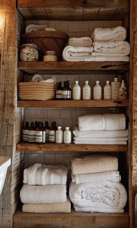 Modest Bathroom, Organize Towels, Bathroom Storage Hacks, Garden Retreat, Victorian Garden, Small Bathroom Storage, Powder Rooms, Towel Storage, Rustic Bathroom