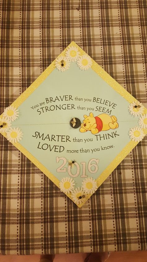 Pooh Bear Graduation Cap I made for my friend's Graduation! Pooh Graduation Cap, Winnie The Pooh Graduation Cap, Winnie The Pooh Graduation, Pooh Graduation, Cap Decorating Ideas, Disney Grad Caps, Disney Graduation Cap, Teacher Graduation Cap, Funny Graduation Caps