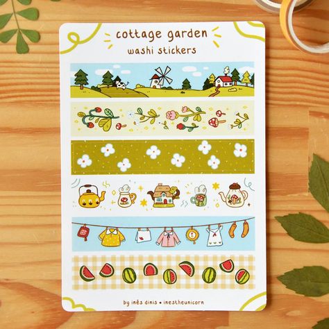 A set of washi stickers featuring lots of cottagecore items, just perfect to decorate your journals and notebooks ♥ I don't know about you, but... Cottagecore Planner, Aesthetic Washi Tape Design, Aesthetic Washi Tape Sticker, Cottagecore Sticker Sheet, Washi Tape Bullet Journal, Fairy Book, Stationery Shop, Cute Stationery, Sticker Shop