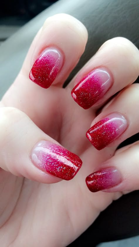 Ombre Nails In Red, Festive Ombre Nails, Ombre Pink To Red Nails, Red Ombre Nails Dip Powder, Christmas Red Ombre Nails, Red Nails With Pink Glitter, Ombre Nails Christmas Red, Ombre Nails For Valentines Day, Red And White Ombre Nails Acrylic