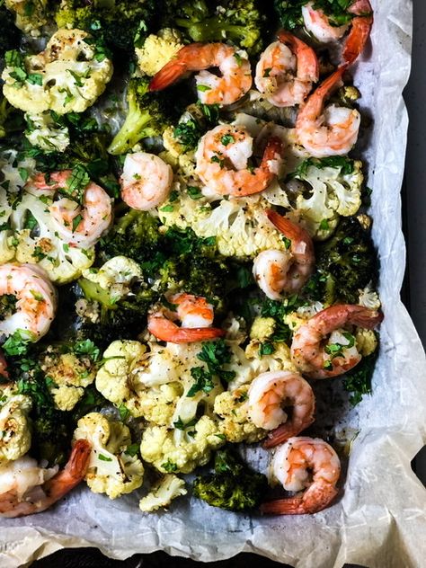 Cauliflower Sheet Pan Recipes, Shrimp Broccoli Cauliflower, Sheet Pan Shrimp And Veggies, Shrimp With Broccoli, Sheet Meals, Oven Baked Shrimp, Baked Shrimp Recipes, Sheet Pan Shrimp, Pan Shrimp