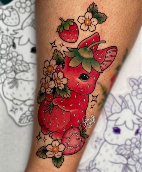 Strawberry Bunny, Strawberry Tattoo, Funky Tattoos, Bunny Tattoos, Mushroom Tattoos, Kawaii Tattoo, Cute Little Tattoos, Girly Tattoos, Dope Tattoos