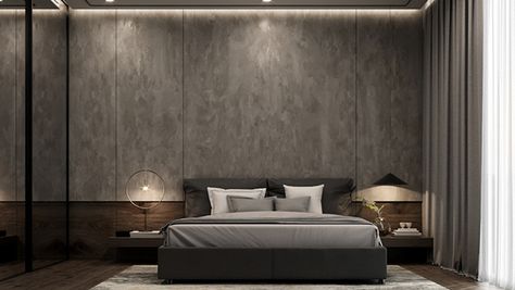 Modern dark themed bedroom with wood and concrete material. Grey Bedroom Design, Bedroom Design Inspiration, Dekorasi Kamar Tidur, Black Bedroom, Grey Bedroom, Bedroom Bed Design, Gray Bedroom, Modern Bedroom Design, Remodel Bedroom