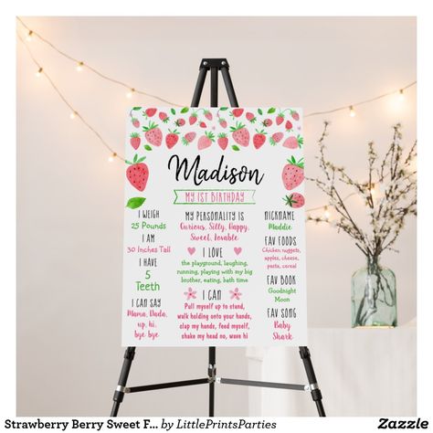 Strawberry Berry Sweet First Birthday Milestone Foam Board First Birthday Activities, Sweet First Birthday, Aaliyah Birthday, First Birthday Board, Baby First Birthday Themes, First Birthday Milestone, Strawberry Party, 1st Birthday Themes, Birthday Cheers