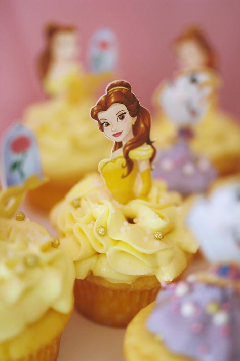 Belle Cupcake from a "Be Our Guest" Beauty & the Beast High Tea on Kara's Party Ideas | KarasPartyIdeas.com (15) Belle Cupcakes, Beauty And The Beast Cupcakes, Cupcakes Princesas, Princess Belle Party, Beauty And The Beast Birthday, Belle Birthday Party, Beauty And Beast Birthday, Belle Princess, Cake Favors