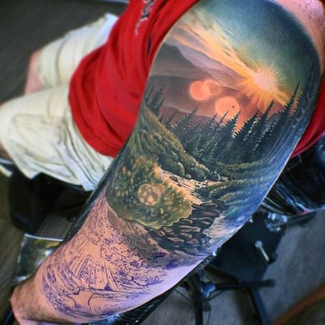 Nature Landscape Artistic Guys Full Sleeve Tattoos Mountain Sleeve Tattoo, Artistic Tattoos, Tattoo Perna, Nature Tattoo Sleeve, Mother Nature Tattoos, Tattoos For Women Half Sleeve, Forest Tattoos, Landscape Tattoo, Geniale Tattoos