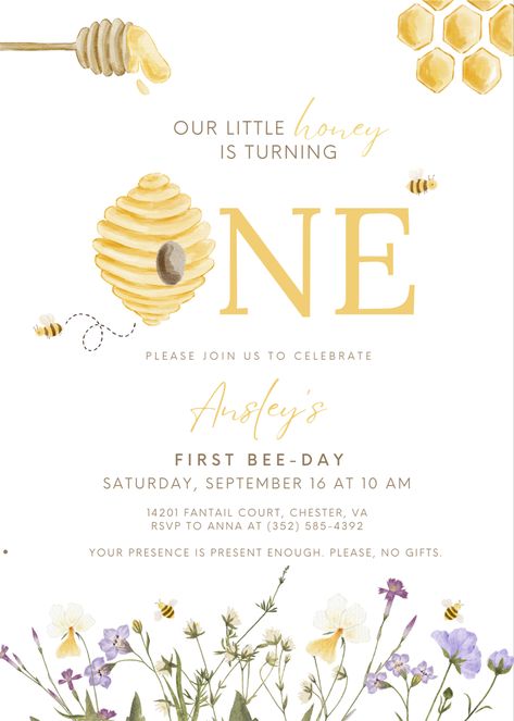 Bee Invitations Birthday, Bumble Bee Birthday Invitations, Honey Bee One Year Birthday, Bee Themed Birthday Party 1st Invitation, 1st Bee Day Invitations, Bumble Bee Party Decorations, Bee Theme Invitations, First Bee Day Invitation, First Beeday Party Decorations