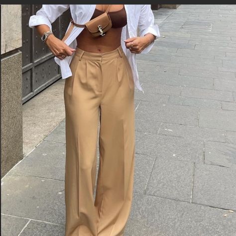 Zara High Waisted Tan Pants Nude Outfits Classy, Fits Clean Girl, Clean Girl Fits, Clean Girl Fashion, Tan Pants Outfit, Clean Girl Style, Clean Girl Outfits, Dinner Outfit Summer, Casual Classy Outfits