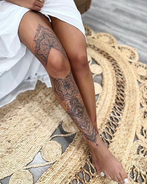 Mandala Tattoo Leg, Tattoo Bein Frau, Brust Tattoo Frau, Shin Tattoo, Tato Paha, Full Leg Tattoos, Boho Tattoos, Hip Tattoos Women, Tattoos For Black Skin