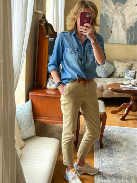 How to wear chinos with a denim shirt & trainers . . . #ootd #wiw #lotd #over40 #over40fashion #fashion #midlifestyle #over40style #midlife #whattowear #howtostyle #style #stylingtips #styleover40 #fashionover40 #timelessfashion #effortlessstyle #everydaystyle #ideasonwhattowear Ladies Chinos Outfit Casual, What To Wear With Chinos Women, How To Style Chinos Women, Womens Chino Outfits, Navy Chinos Women Outfit, Gem Clothes, Chinos Outfit Women, Chinos Women Outfit, Denim Outfit Men