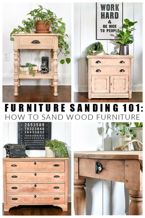 Furniture Sanding 101: How to Sand Wood Furniture | Little House of Four - Creating a beautiful home, one thrifty project at a time. Refinishing Furniture For Beginners, How To Sand Wood, Refinishing Wood Furniture, Sanding Furniture, Sealing Wood, Sanding Tips, Raw Wood Furniture, Furniture Remodeling, Sanding Wood