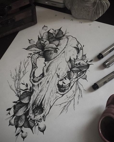 ..... Wolf Skull Hand Tattoo, Dog Skull Sketch, Overgrown Tattoo, Animal Skull Tattoo Design, Fox Skull Tattoo, Overgrown Skull, Dog Skull Tattoo, Kali Tattoos, Canine Skull