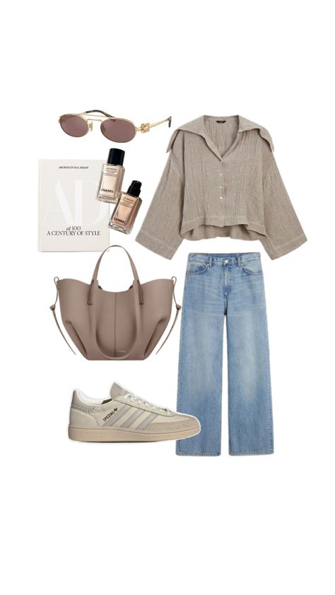 Taupe Bag Outfit, Beige Outfit Summer, Adidas Samba Beige, Taupe Outfit, Polene Bag, Taupe Bag, Outfit Beige, Taupe Shoes, Sneakers Trendy