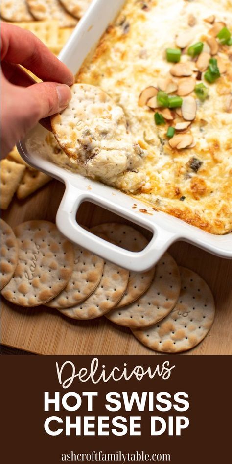 Swiss cheese dip. Finger Food For A Crowd, Swiss Cheese Dip, Swiss Cheese Recipes, Cheese Dip Recipes, Football Party Food, Gooey Cheese, Party Appetizer, Cheese Dip, Toasted Almonds