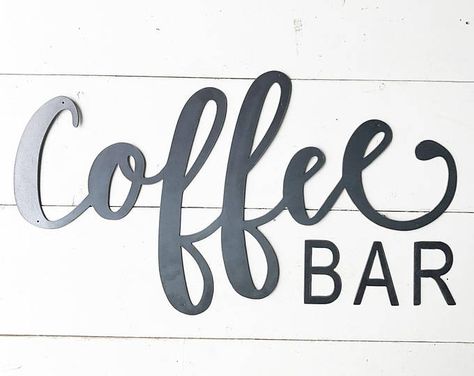 Large Coffee Bar, Wall Art Coffee, Coffee Bar Sign, Bar Metal, Barn Wood Signs, Coffee Bar Home, Coffee Bar Signs, Rack Kitchen, Bar Set Up