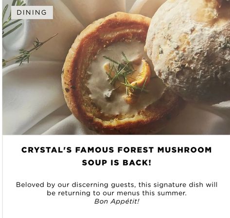 Crystal Forest, Crystal Cruises, Signature Dishes, Mushroom Soup, Bon Appetit, Soups And Stews, Stew, Soups, Stuffed Mushrooms