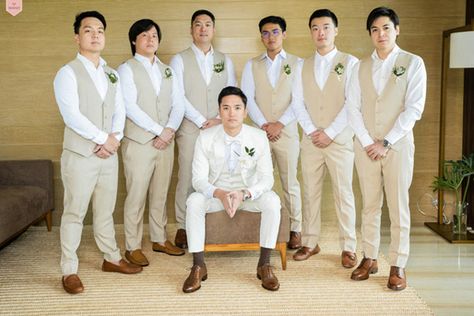 A Vibrant Tropical Themed Wedding in Boracay with Splashes of Orange | https://brideandbreakfast.ph/2019/04/25/a-vibrant-tropical-themed-wedding-in-boracay-with-splashes-of-orange/ Groomsmen Attire Philippines, Boracay Wedding, Tropical Themed Wedding, Wedding Groomsmen Attire, Wedding Philippines, Wedding Entourage, Groom And Groomsmen Suits, Groom Party, Groom Tux