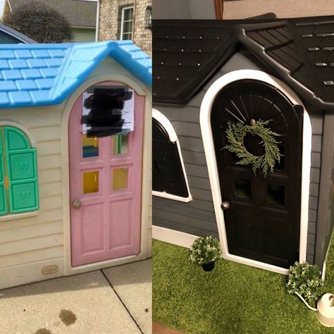 Lil Tikes Playhouse Makeover, Ikea Playhouse, Little Tikes Cottage Makeover, Repainted Playhouse, Little Tikes House Makeover, Playhouse Upgrade, Plastic Playhouse Makeover, Little Tikes Playhouse Makeover, Kids Playhouse Makeover