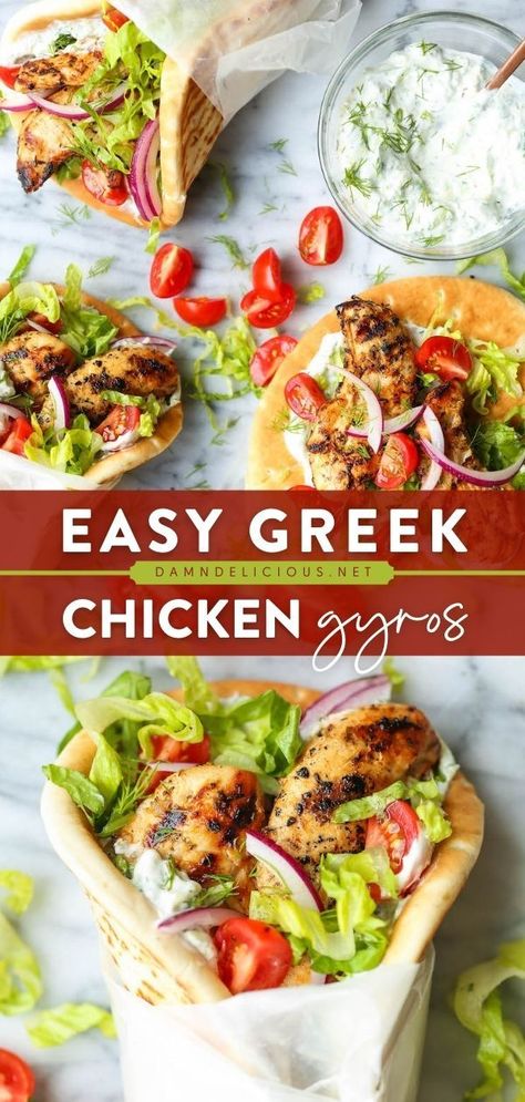 GREEK CHICKEN GYROS, dinner ideas, chicken recipes Greek Chicken Gyros, Easy Greek Chicken, Chicken Gyro Recipe, Mediterranean Foods, Greek Gyros, Gyro Recipe, Beverages Recipes, Homemade Tzatziki Sauce, Homemade Tzatziki