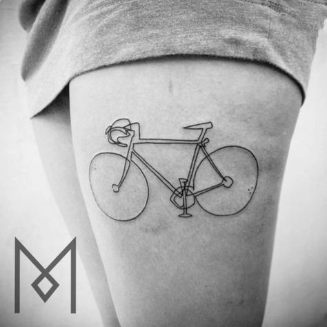 Minimalistic bicycle tattoo by Mo Ganji #moganji #bicycle #bicycletattoo #minimalistic #simple #fineline #linework #blackwork Runner Tattoo, Cycling Tattoo, Continuous Line Tattoo, Gear Tattoo, Mo Ganji, Bicycle Tattoo, Linework Tattoo, Motorcycle Tattoos, Bike Tattoos