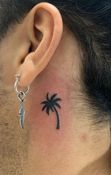 Palm Tree Tattoo Neck, Palm Tree Neck Tattoo, Palm Tree Tattoo On Arm, Palm Tree Behind Ear Tattoo, Small Palm Tree Tattoo Men, Palm Tree Tattoo Men, Mini Tattoo Designs, Small Palm Tree Tattoo, Palm Tree Tattoos