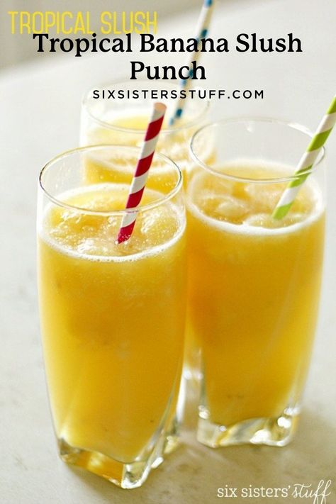 Banana Slush Recipe, Banana Punch Recipes, Banana Slush Punch Recipe, Frozen Fruit Slush Recipes, Banana Punch, Zoku Recipes, Slush Punch, Homemade Slushies, Kids Drinks