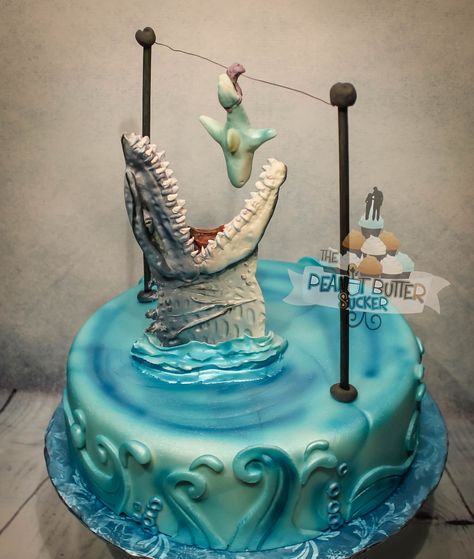 Jurassic park water birthday cake Mosasaurus Birthday Party, Water Park Cake, Jurassic Birthday Cake, Jurassic Park Cake Birthdays, Mosasaurus Cake, Water Birthday Cake, Jurassic World Birthday Cake, Jurassic Park Birthday Cake, Fête Jurassic Park